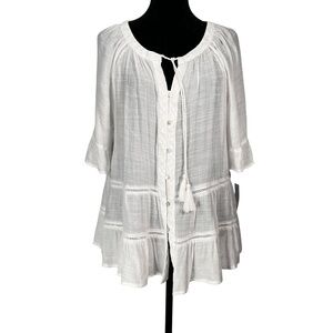 Zac & Rachel White Peasant Blouse Button Front Ruffle Hems Peplum Semi Sheer Top